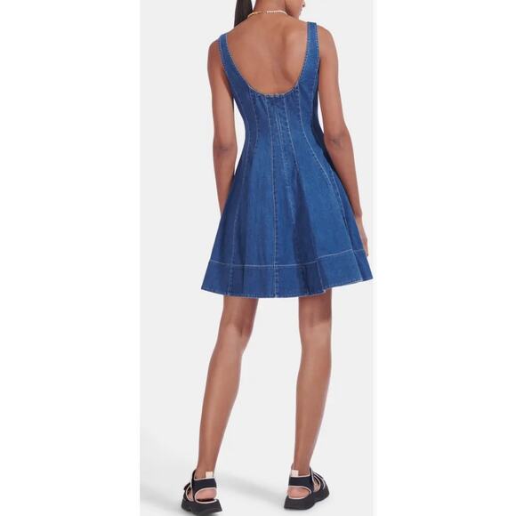 NEW / STAUD Wells Denim Fit Flare Skater Mini Dress 00 Medium Wash - Picture 8 of 8